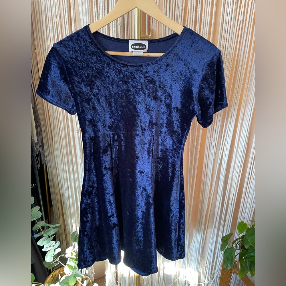 1990s Y2K vintage Bombshell crushed velvet mini dress short sleeve blue small S